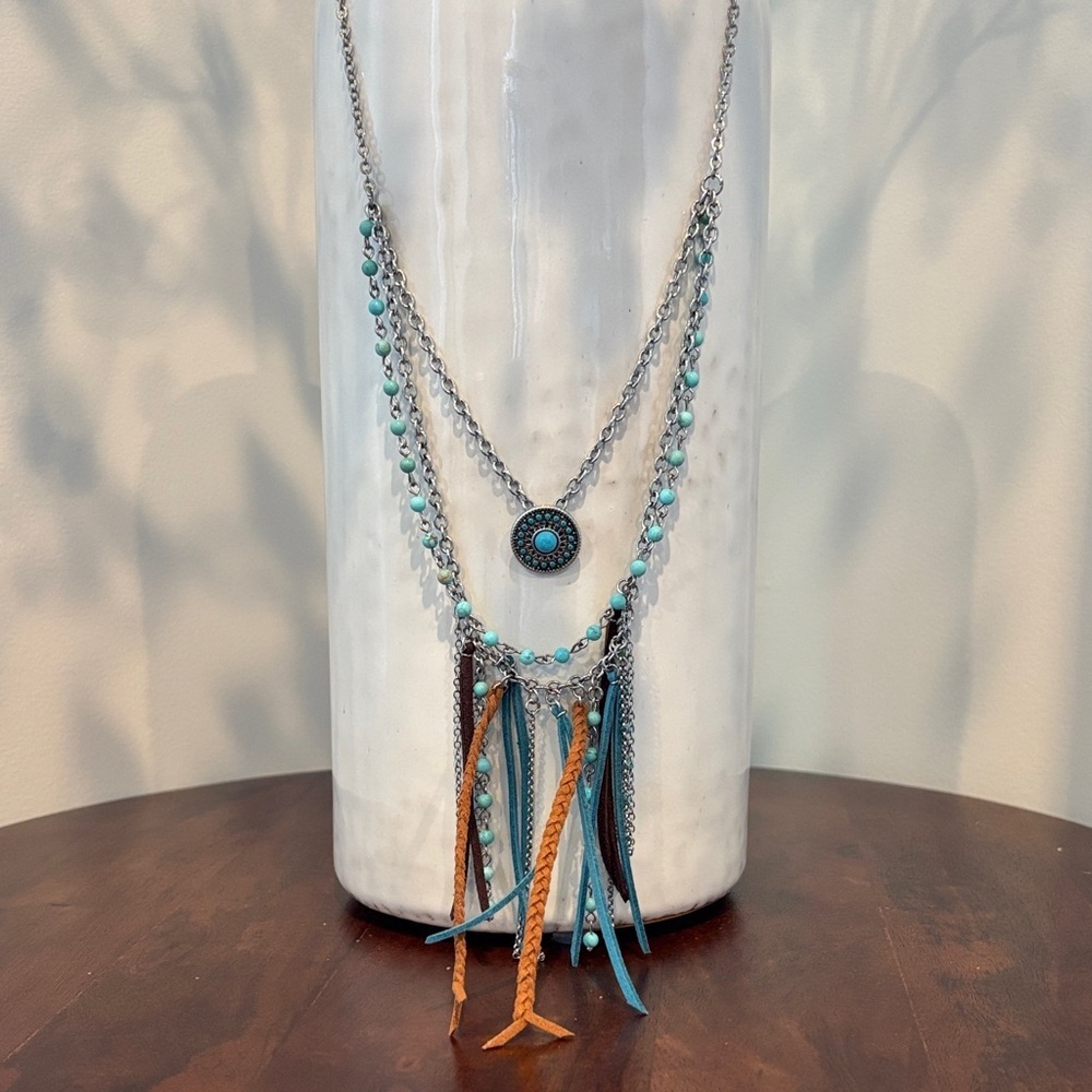 Justin 3 Row,Faux Turquoise beads,silvertone chain,concho, suede tassels,western
